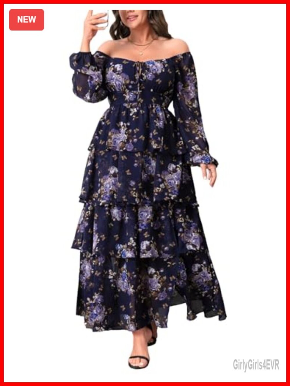 Plus Size Long Sleeve Floral Tiered Semi Formal Wedding Guest Maxi Dress